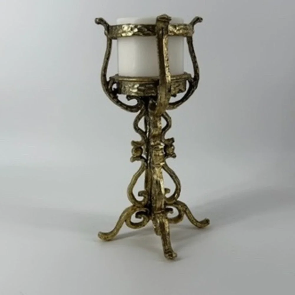 Vintage Ornate Gold Tone‎ Metal Candlestick Holder With White Candle 10
